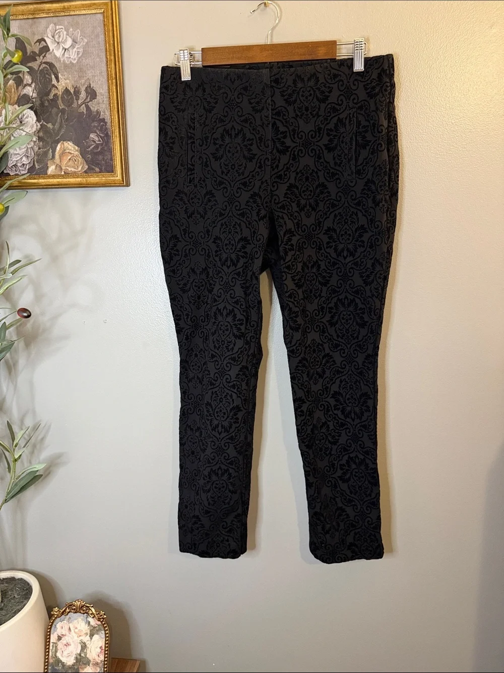 Chico’s Black Flocked Damask Slim Ankle Pants | Textured Stretch 10 - Picture 2 of 7